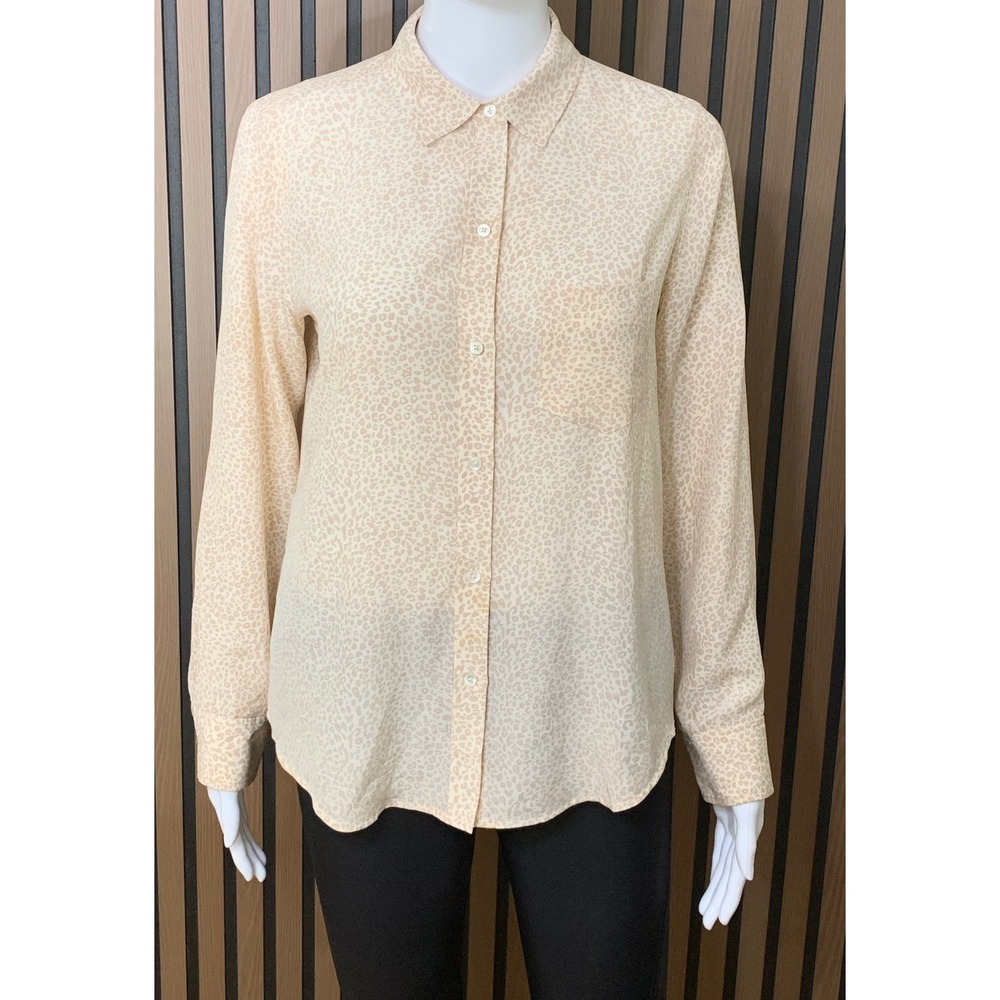 Rails Women's 100% Silk Leopard Print Button Down Shirt Tan Cream XS Long Sleeve